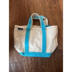 Lands End Mini Canvas Tote Bag Turquoise Blue Trim Cream Small Boat Bag